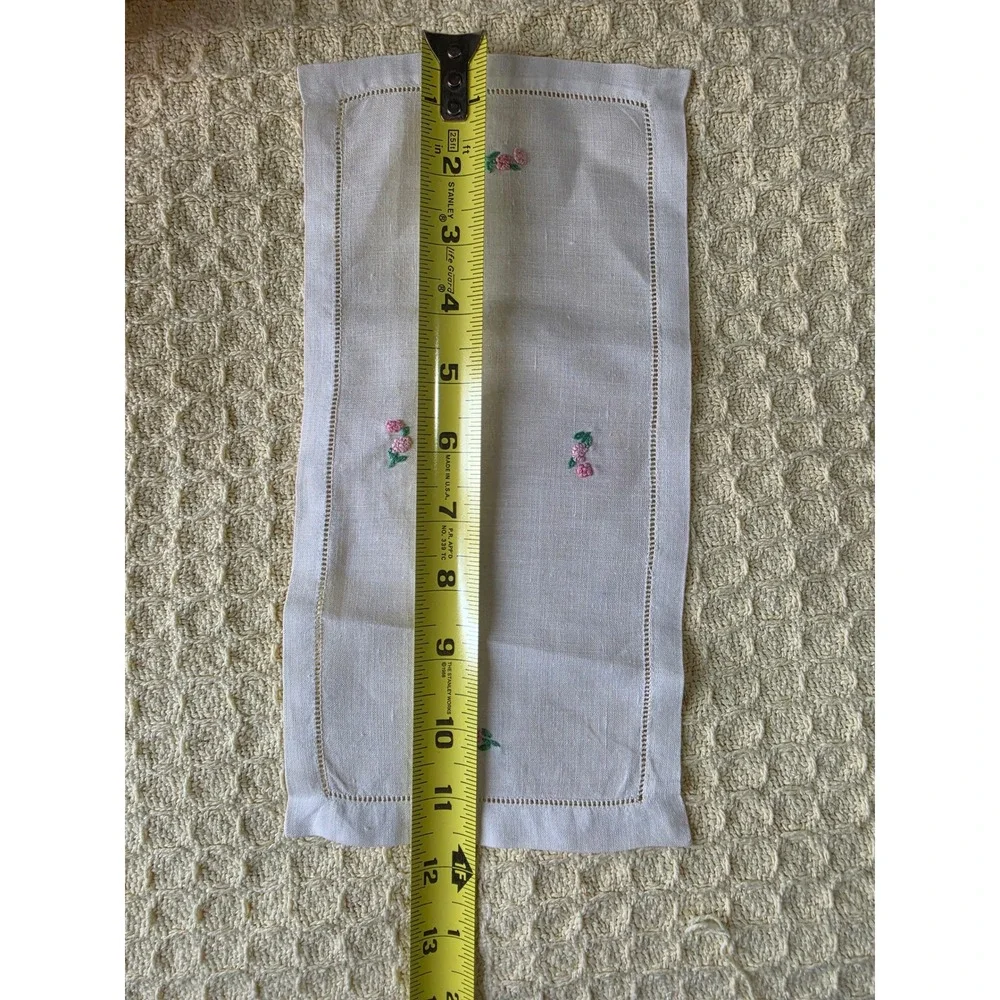 Vintage White Linen Dresser Scarf Hemstitch Pink Floral Hand Embroidered 6x11.5